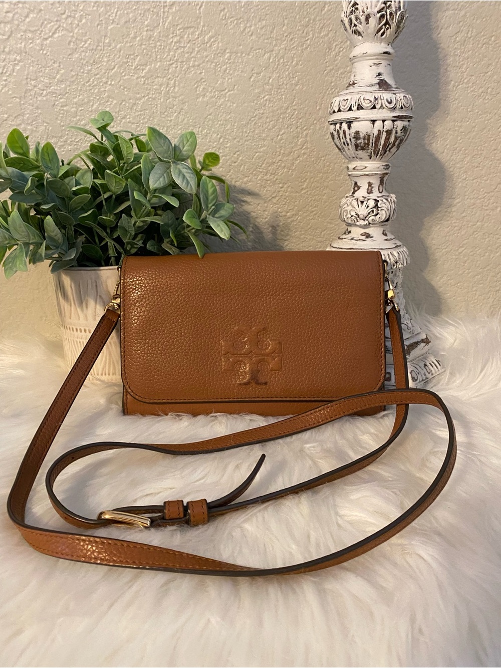 Tory Burch Cognac Brown Pebbled Leather Crossbody with Raised Logo